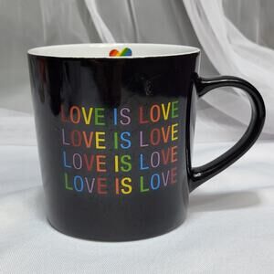 Love is Love Rainbow letters on Black 18oz Coffee Mug Tea Cup Proud LGBTQ+ Pride